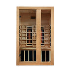 Infrared sauna with wooden frame and glass doors on a white background
