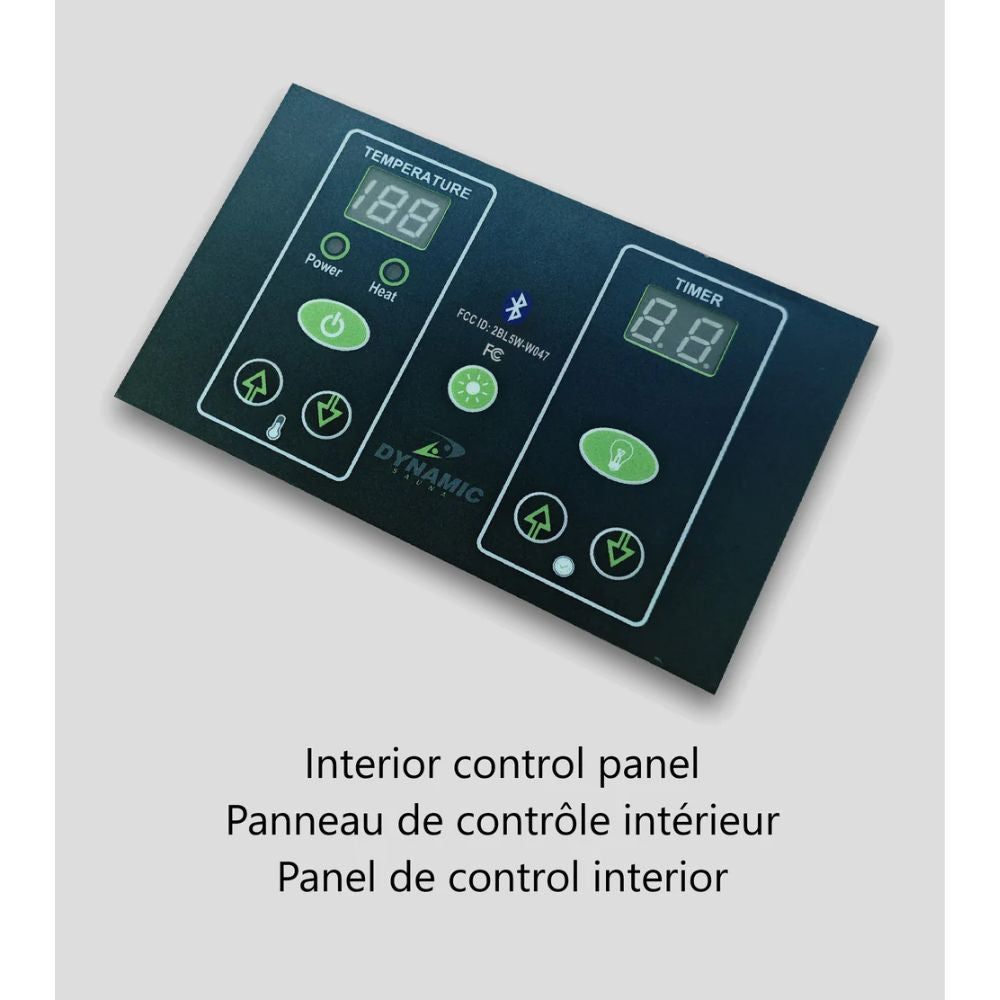 Interior control panel with digital display on a light gray background