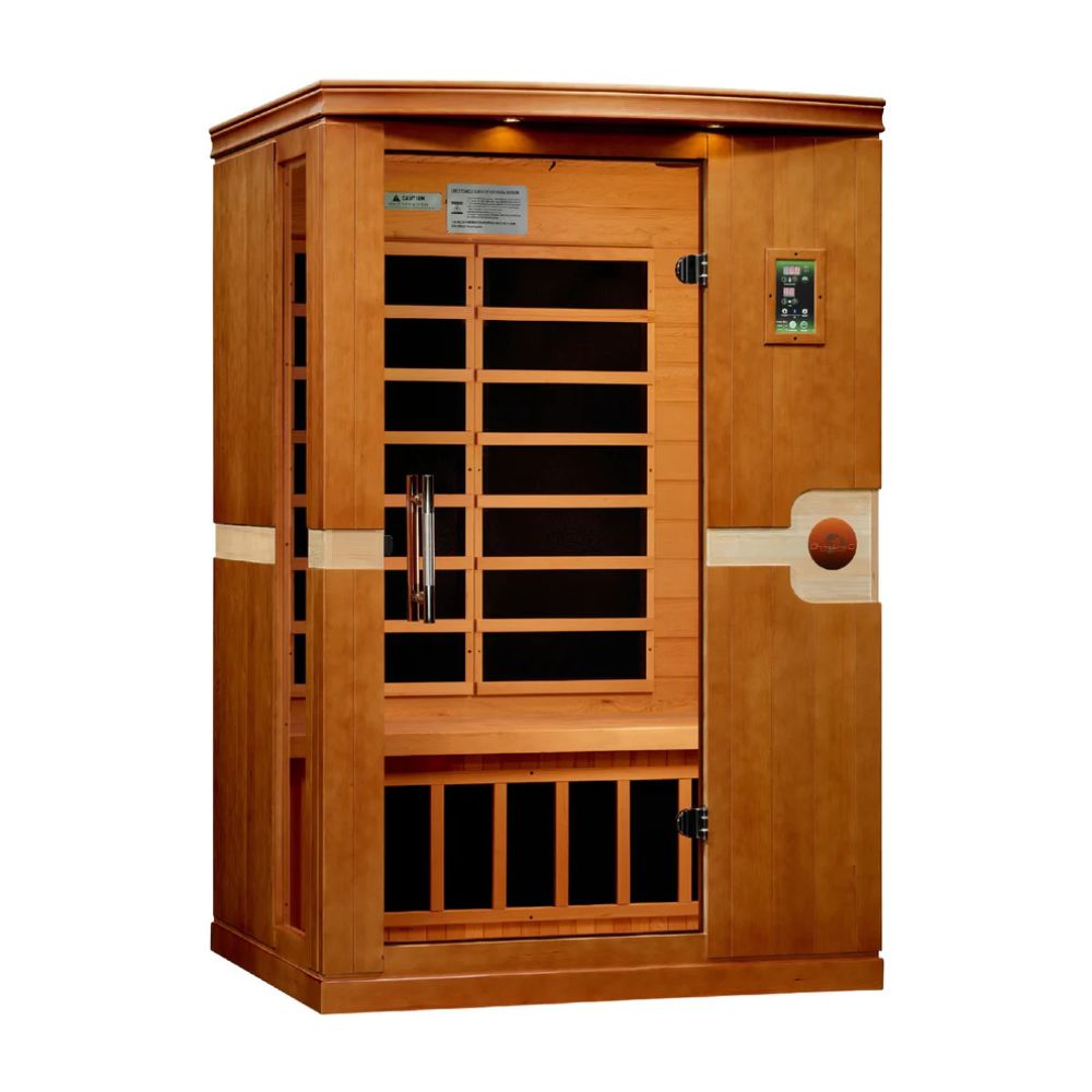 Wooden sauna with glass panels on a white background