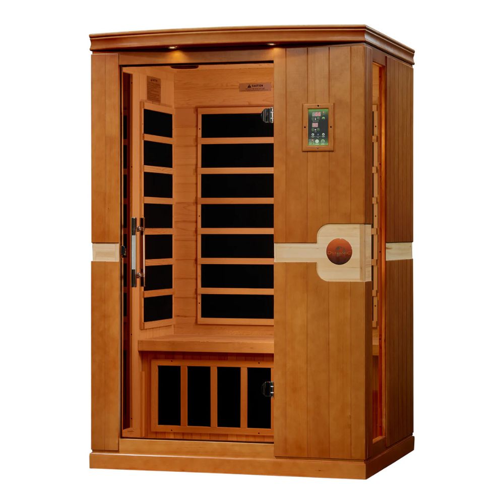 Wooden sauna with glass doors on a white background