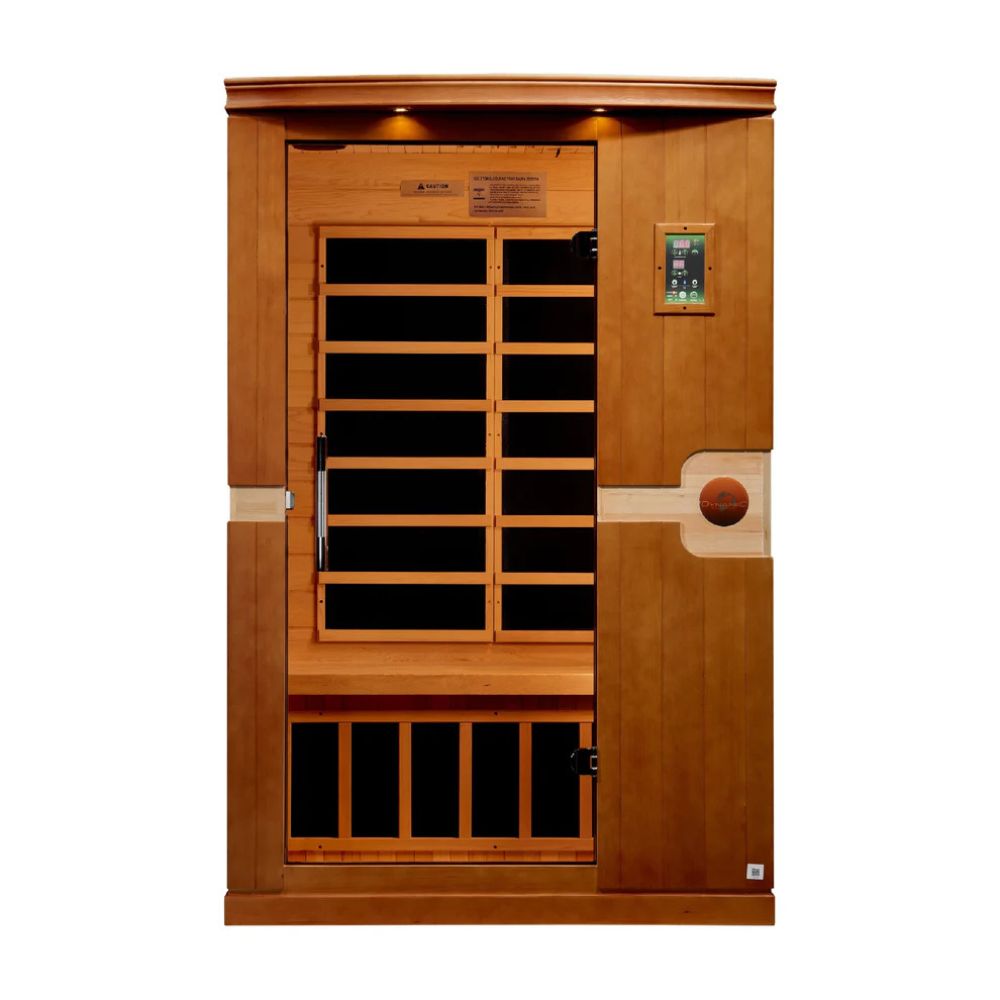 Wooden sauna with digital control panel on a white background