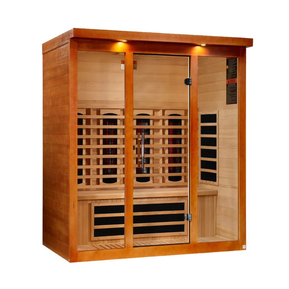 Wooden sauna with glass doors on a white background