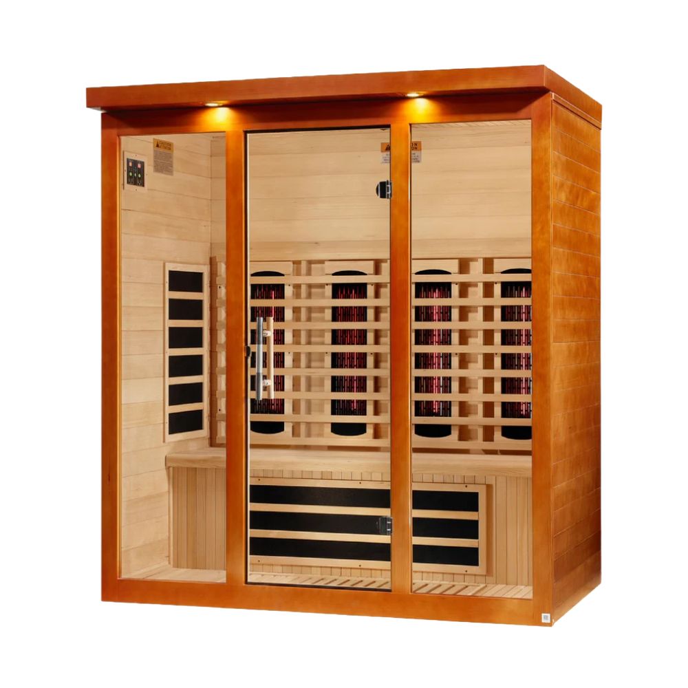 Wooden sauna with glass doors on a white background