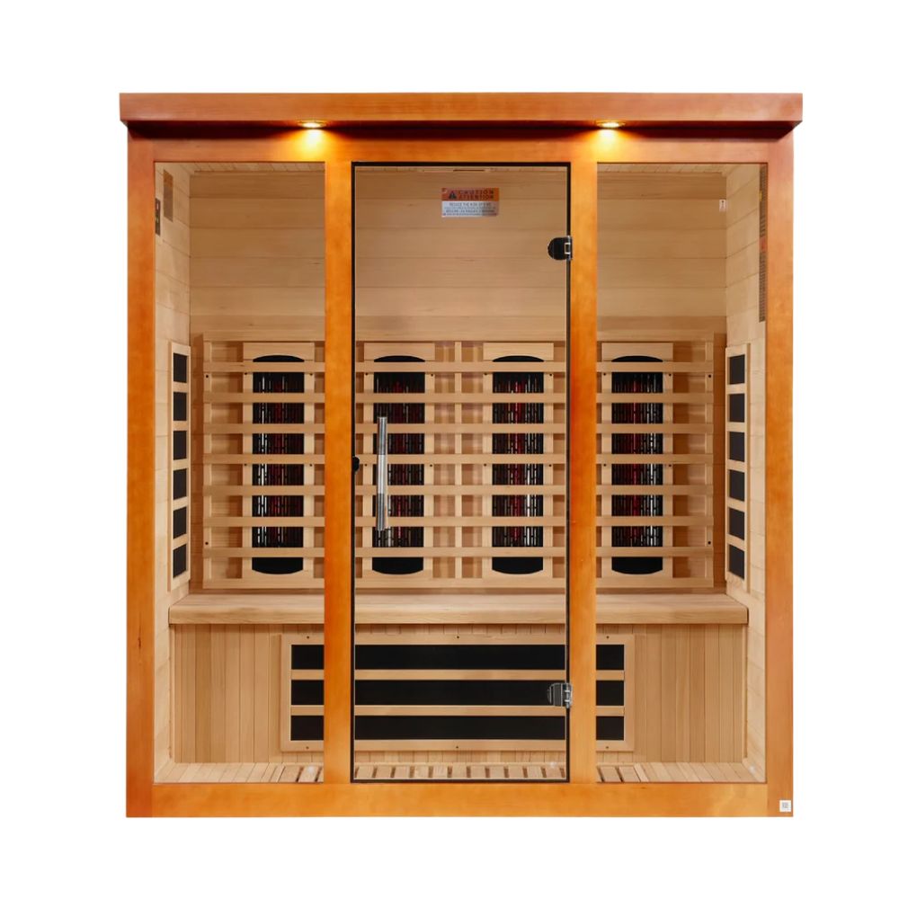 Wooden sauna with glass doors on a white background