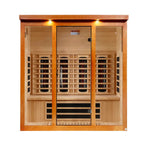 Wooden sauna with glass doors on a white background