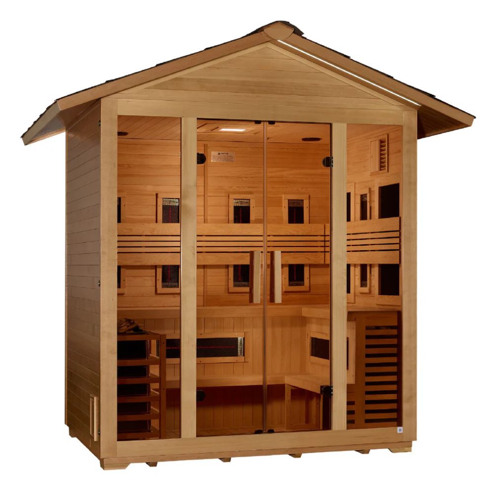 Wooden sauna with glass doors on a white background