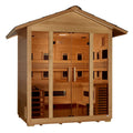 Wooden sauna with glass doors on a white background