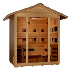 Wooden sauna with glass doors on a white background