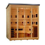 Wooden sauna with glass doors on a white background