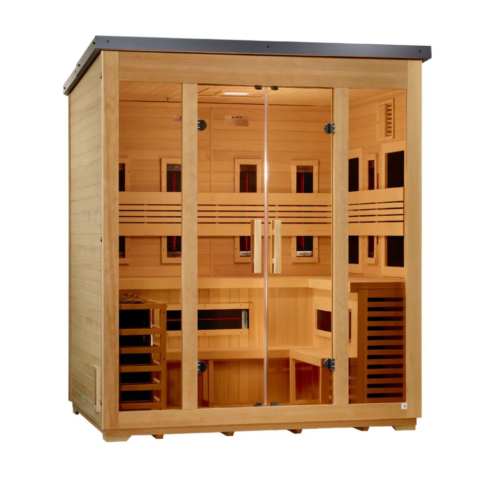 Wooden sauna with glass doors on a white background