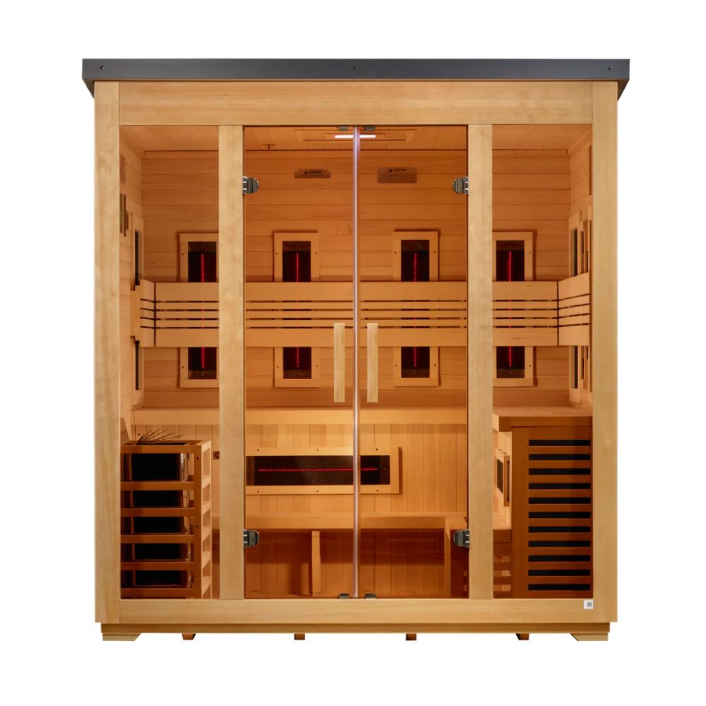Wooden sauna with glass doors on a white background