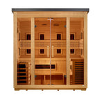 Wooden sauna with glass doors on a white background