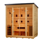 Wooden sauna with glass door on a white background