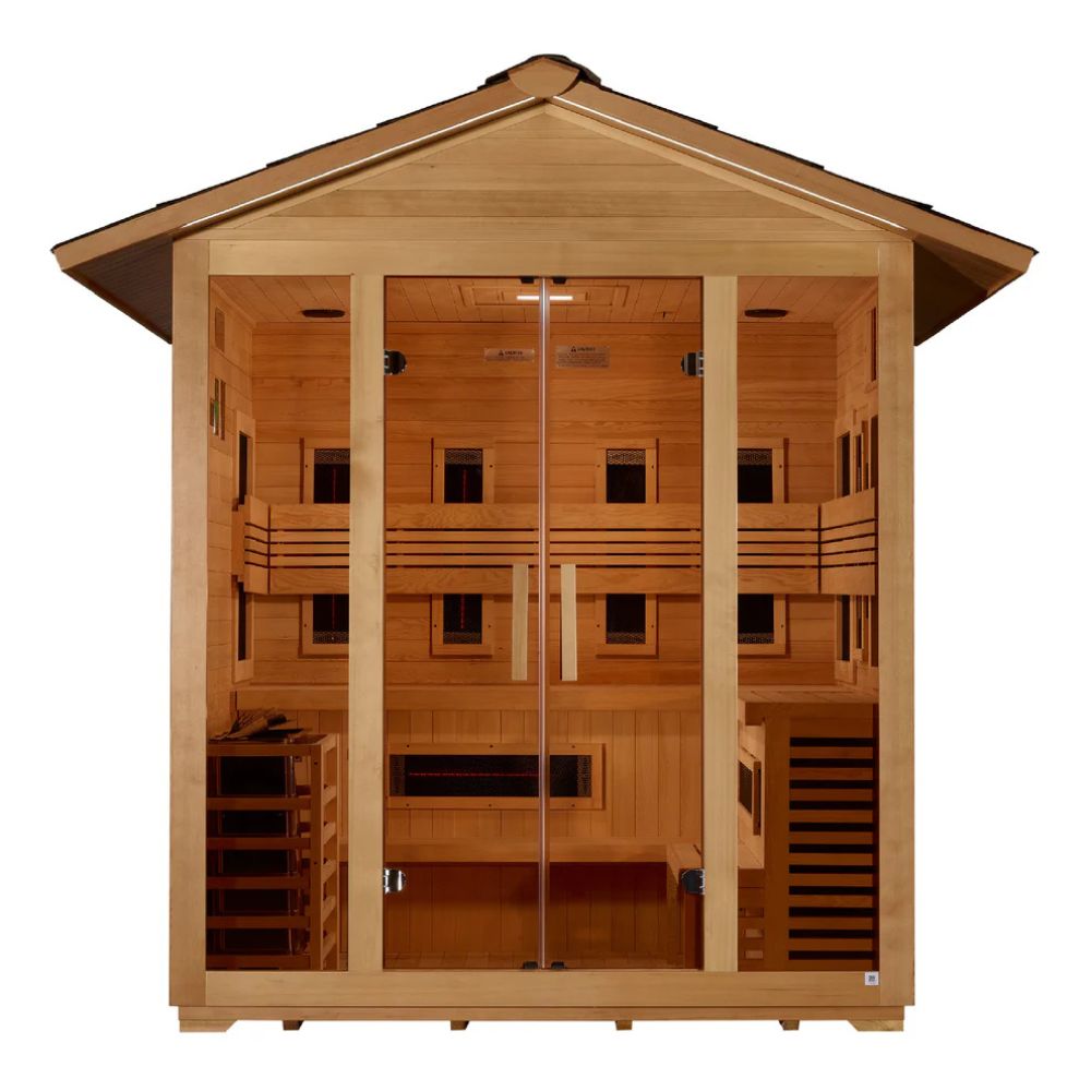 Wooden sauna with glass doors on a white background