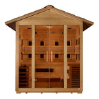 Wooden sauna with glass doors on a white background