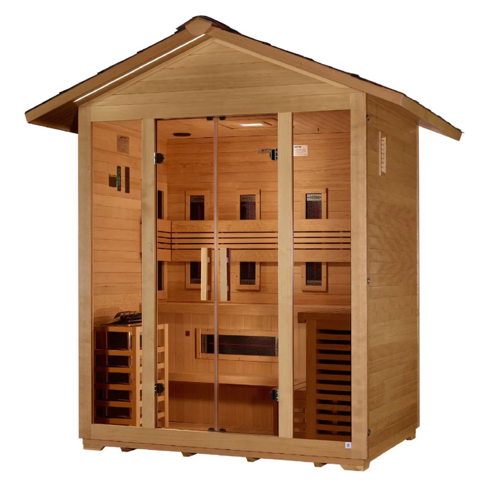 Wooden sauna with glass doors on a white background