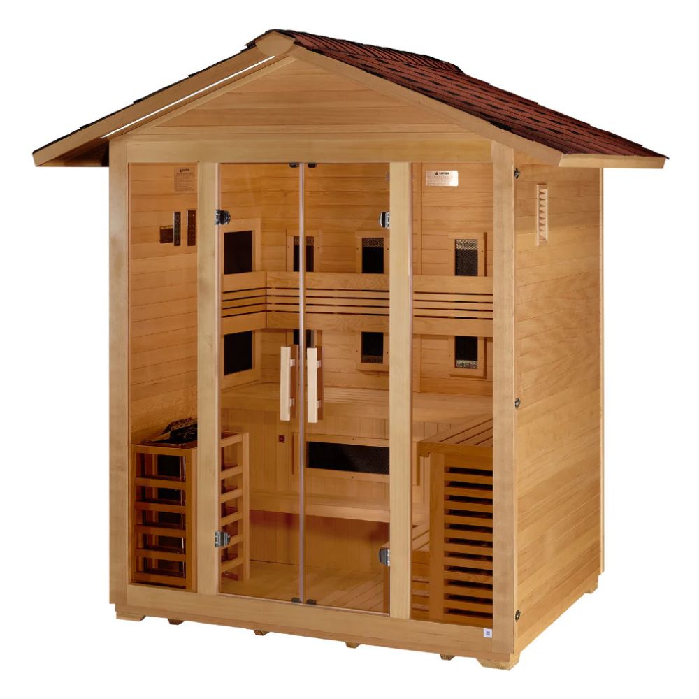 Wooden sauna with a brown roof on a white background