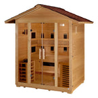 Wooden sauna with a brown roof on a white background