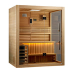 Wooden sauna with glass door on a white background