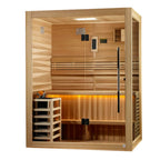 Wooden sauna with interior lights and a control panel on a white background