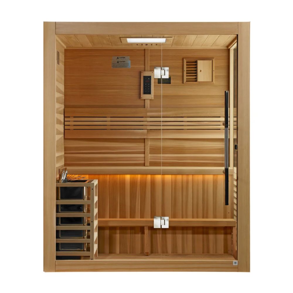 Wooden sauna with interior details on a white background