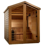 Wooden sauna with interior view on a white background