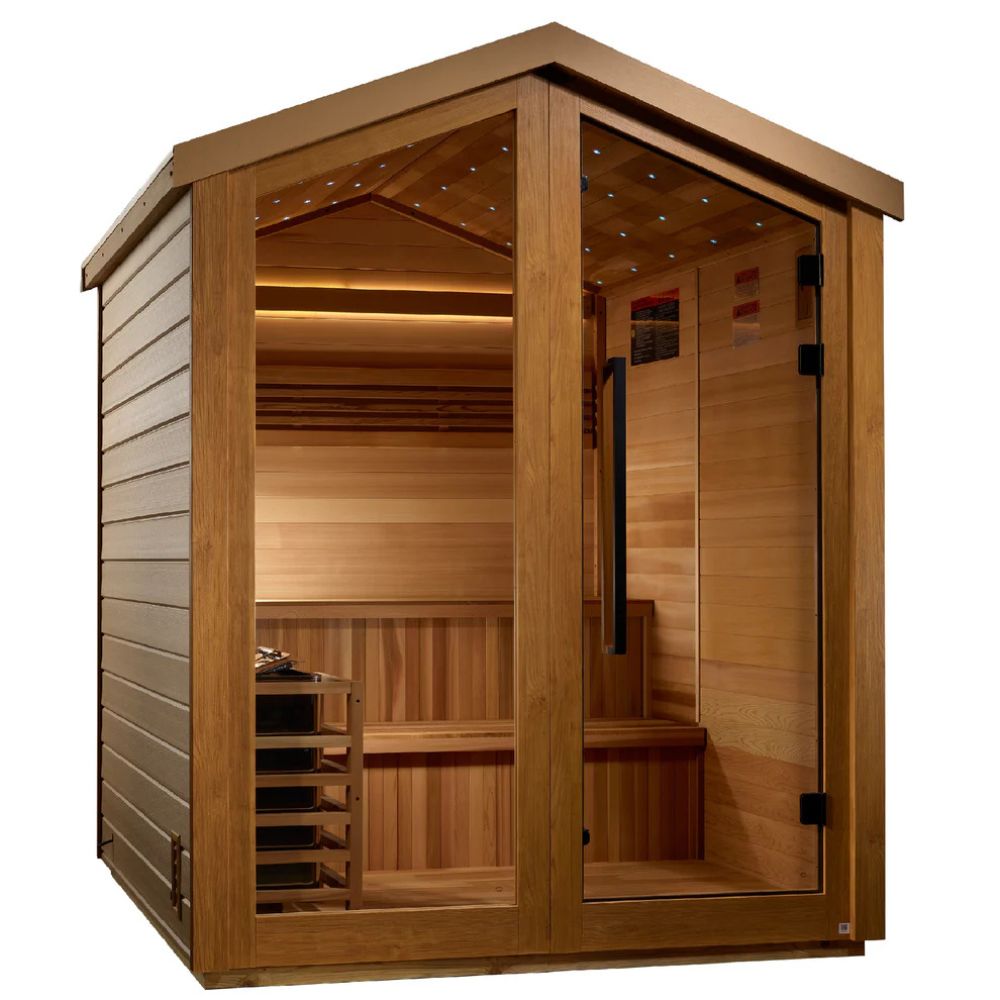 Wooden sauna with interior view on a white background