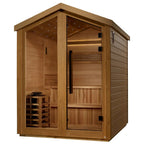 Wooden sauna with open door on a white background