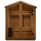Wooden sauna with a closed door on a white background
