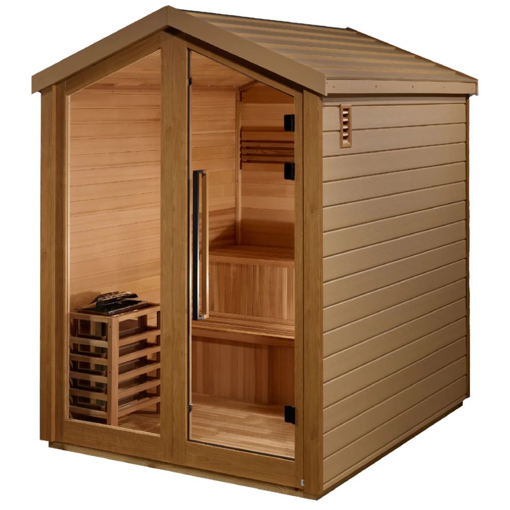 Wooden sauna with interior shelves on a white background