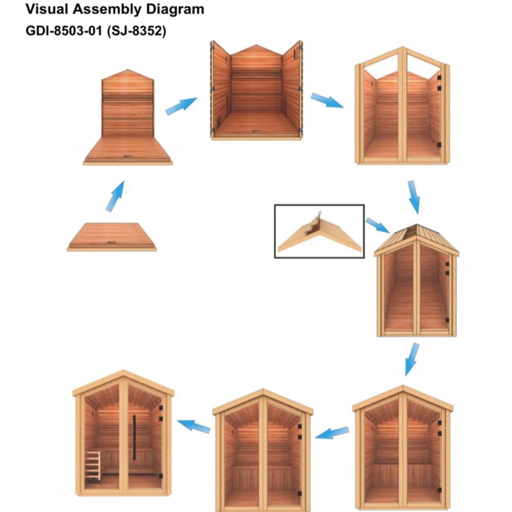Step-by-step assembly diagram of a wooden shed