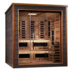 Wooden sauna with glass door on a white background