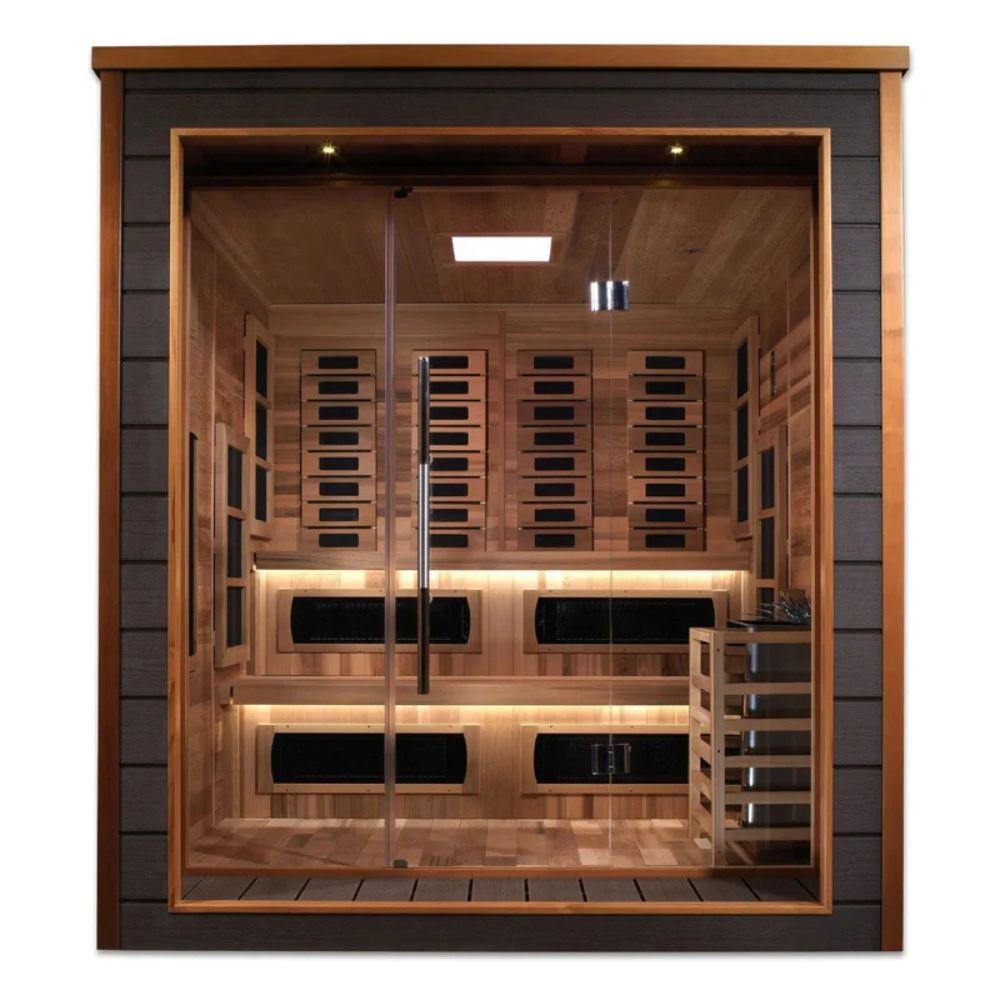 Wooden sauna with glass door on a white background