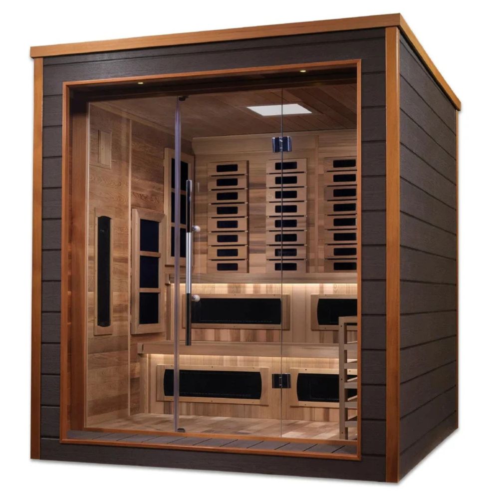 Wooden infrared sauna with glass door on a white background