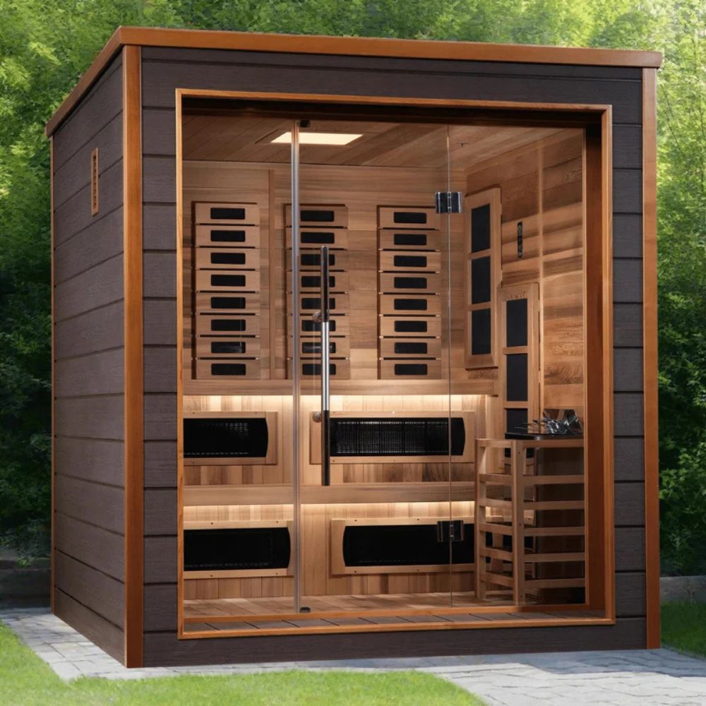 Wooden sauna with glass door in a natural outdoor setting