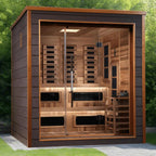 Wooden sauna with glass door in a natural outdoor setting