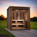 Wooden sauna with a sunset background