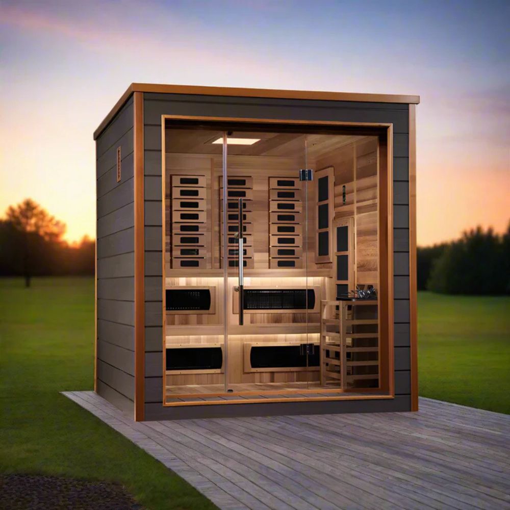 Wooden sauna with a sunset background