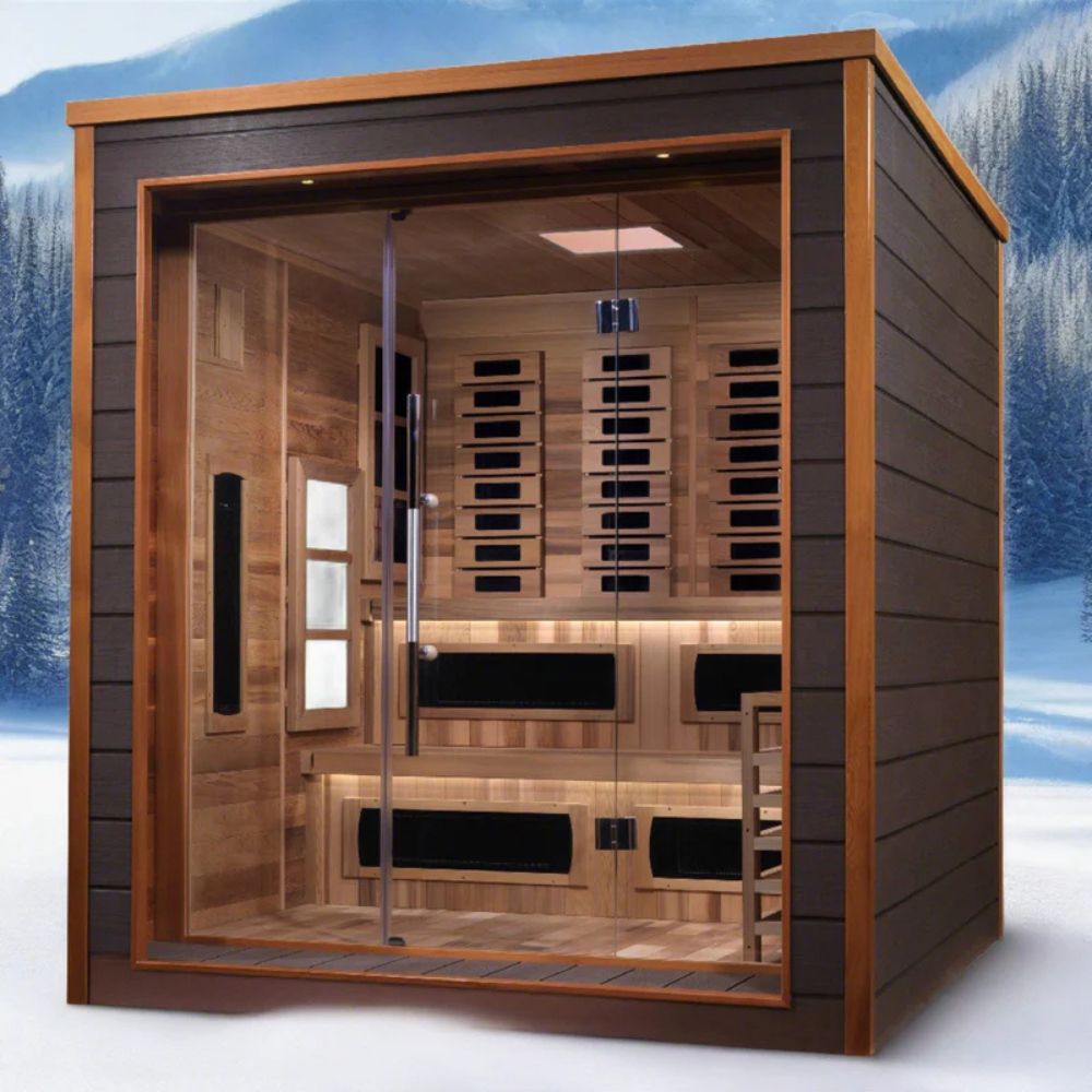 Wooden sauna with glass door in a snowy outdoor setting