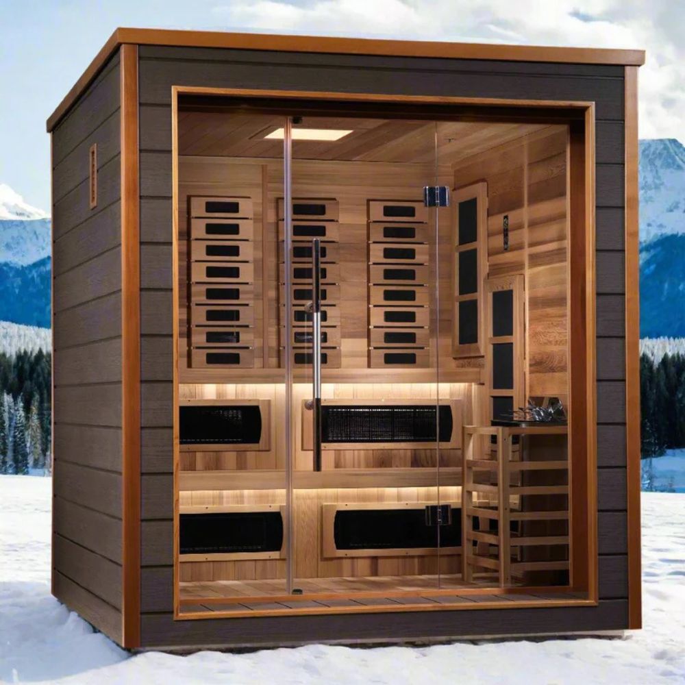 Wooden sauna with mountain and snow background