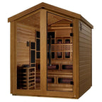 Wooden sauna with glass doors on a white background