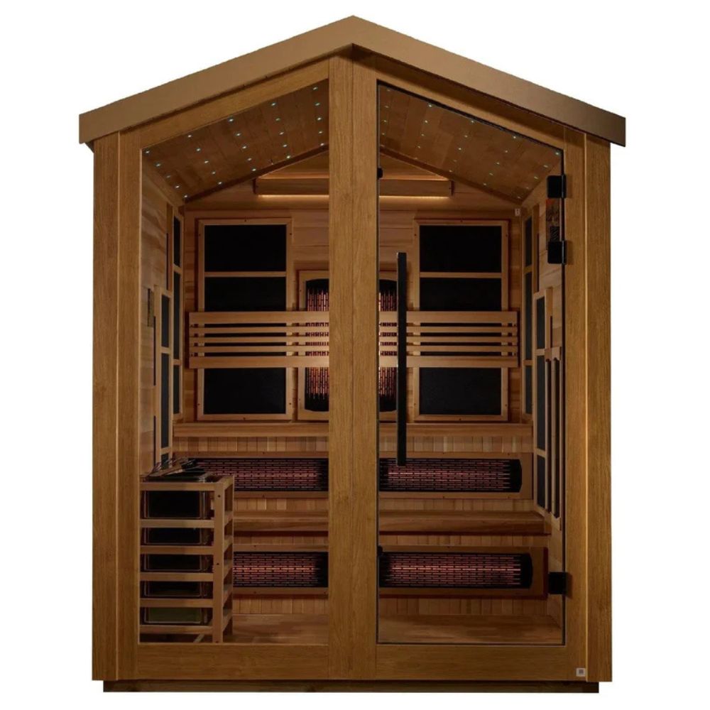 Wooden sauna with interior lights on a white background