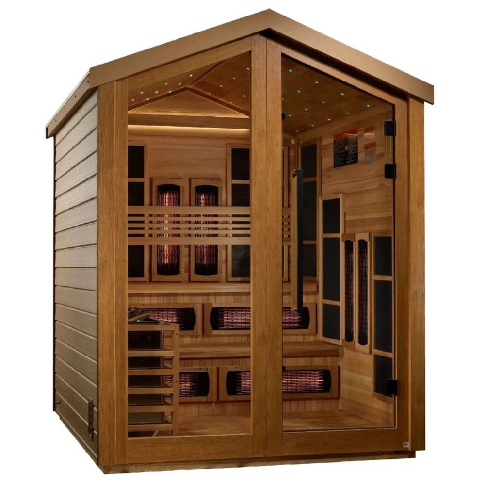 Wooden sauna with interior lights on a white background