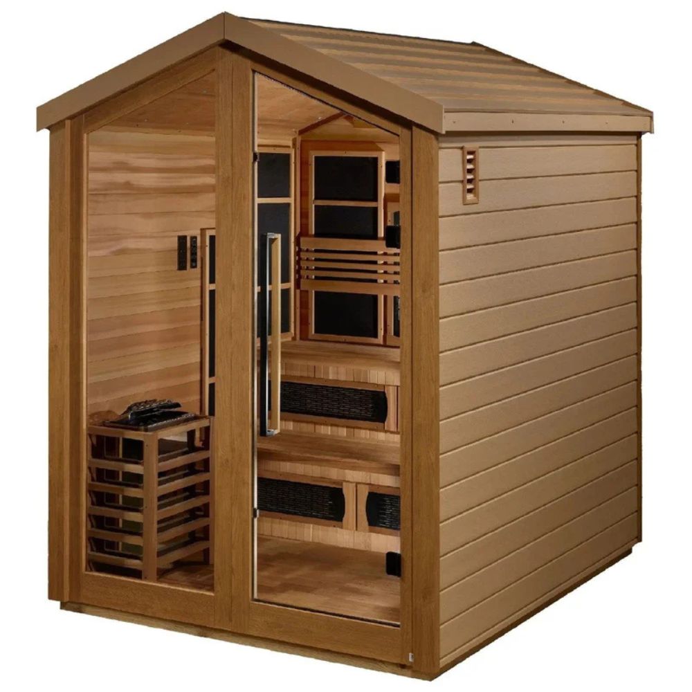 Wooden sauna with interior details on a white background