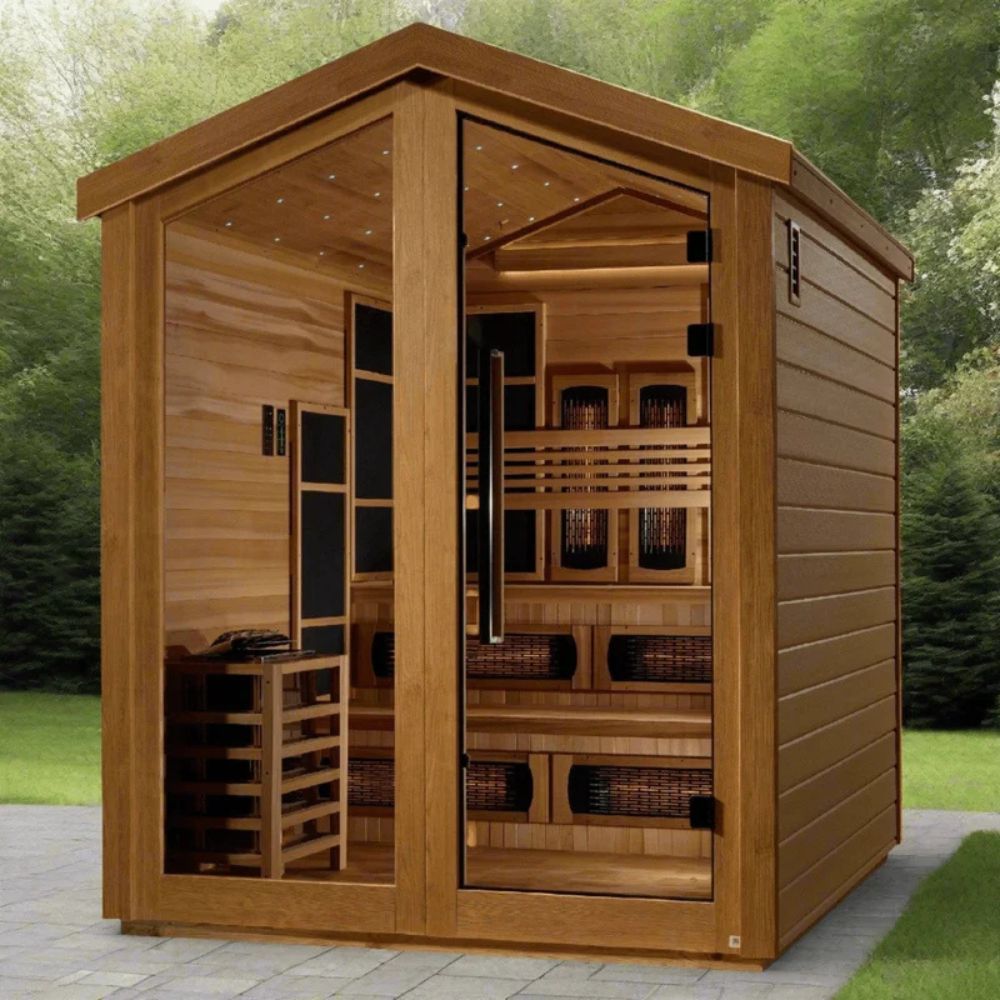 Wooden sauna with interior details in a natural setting