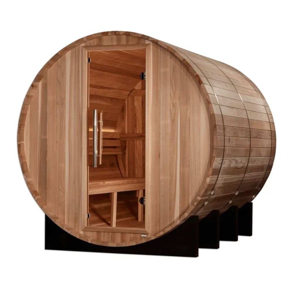Wooden barrel sauna with open door on a white background