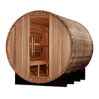 Wooden barrel sauna with open door on a white background