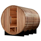 Wooden barrel sauna with open door on a white background