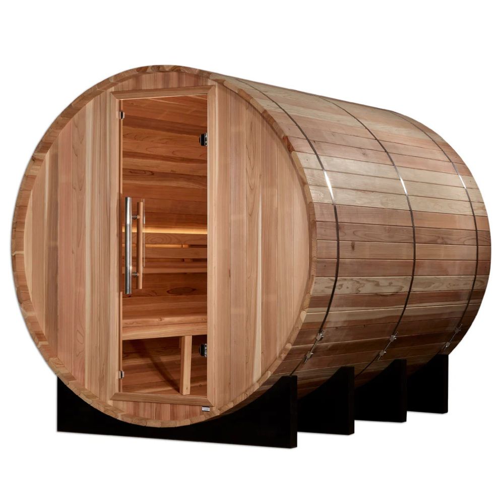 Wooden barrel sauna with open door on a white background