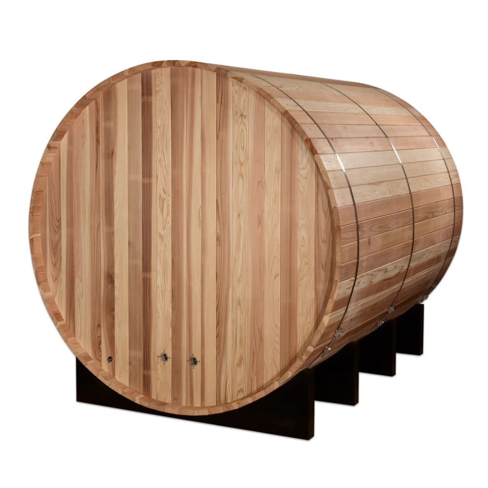 Wooden barrel-shaped bench on a white background